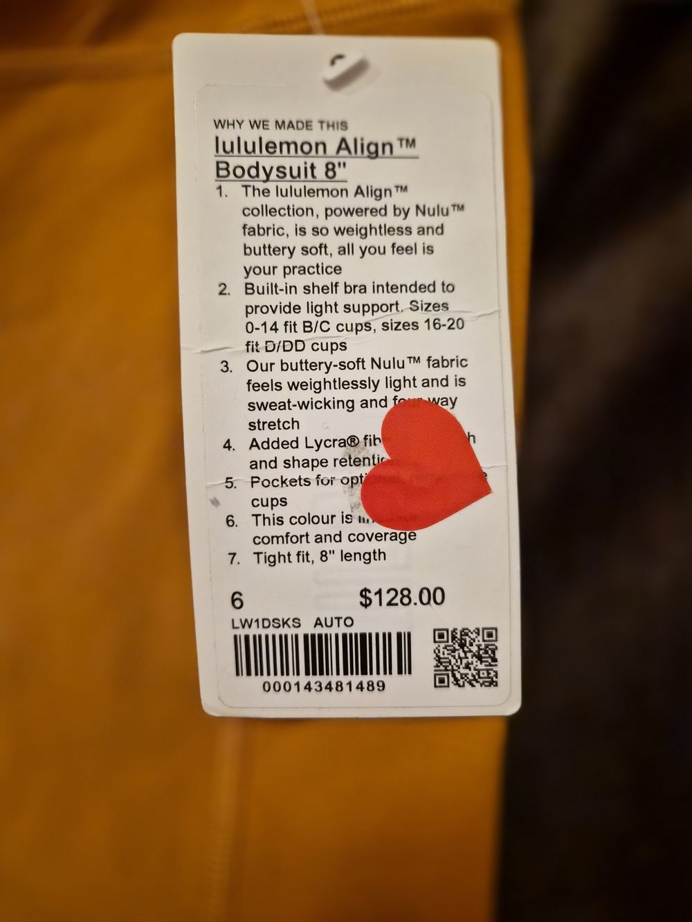 NWT Lululemon Align™ 8" Bodysuit Size 6 Dark Yellow Nulu Romper Yoga Gym $128 - Picture 3 of 10